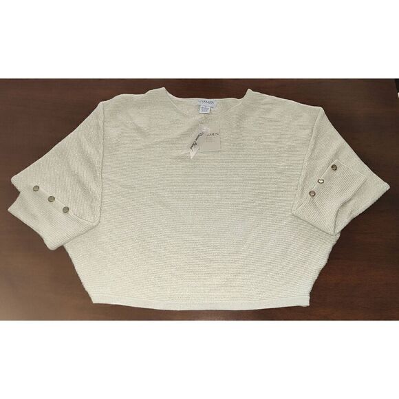 Carmen Marc Valvo Womens Ivory/Soft Gold Lurex Metallic Pullover Sweater NWT Siz - Picture 3 of 14